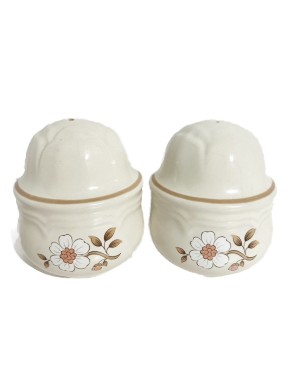 Vintage Unbranded Stoneware Pottery Salt Pepper Shakers Creamy Glaze Flowers